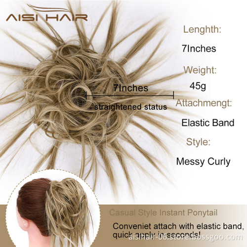Aisi Hair Mixed Brown Blonde Chignon Curly Bun Pad Chignon Elastic Band Ribbon Ponytail Rope Rubber Hair Extension For Women